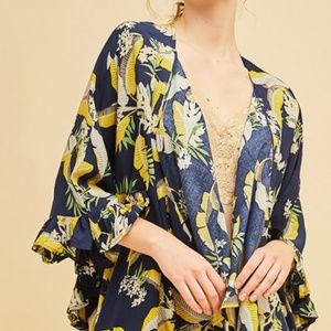 ENTRO Tropical Print Ruffle Sleeve Kimono